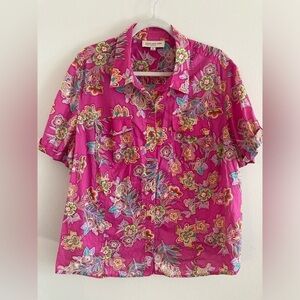 Jones New York Cotton Hawaiian pink floral Button down short sleeve top 3X